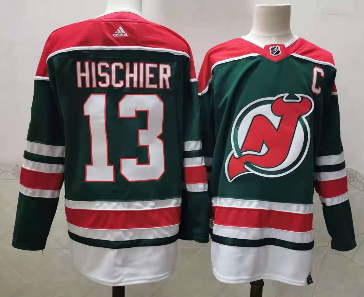 Cheap Men New Jersey Devils 13 Hischier Green Throwback Stitched 2021 Adidias NHL Jersey